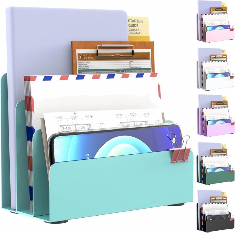 OUTIOE Mail Organizer Countertop, Small Desk File Organizer, Metal File Holder - Essential Workspace Organizers for Office Desk, Home Office (Blue) - Image 1